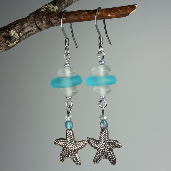 Earth Art hand crafted artisan Jewelry - HAND CRAFTED Coastal Turquoise Aqua Beach Glass Silver Starfish Dangle Earrings